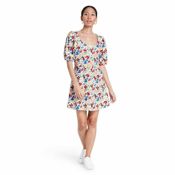 RIXO Floral Short Sleeve Button-Up Linen Blend Mini Dress - Picture 1 of 7